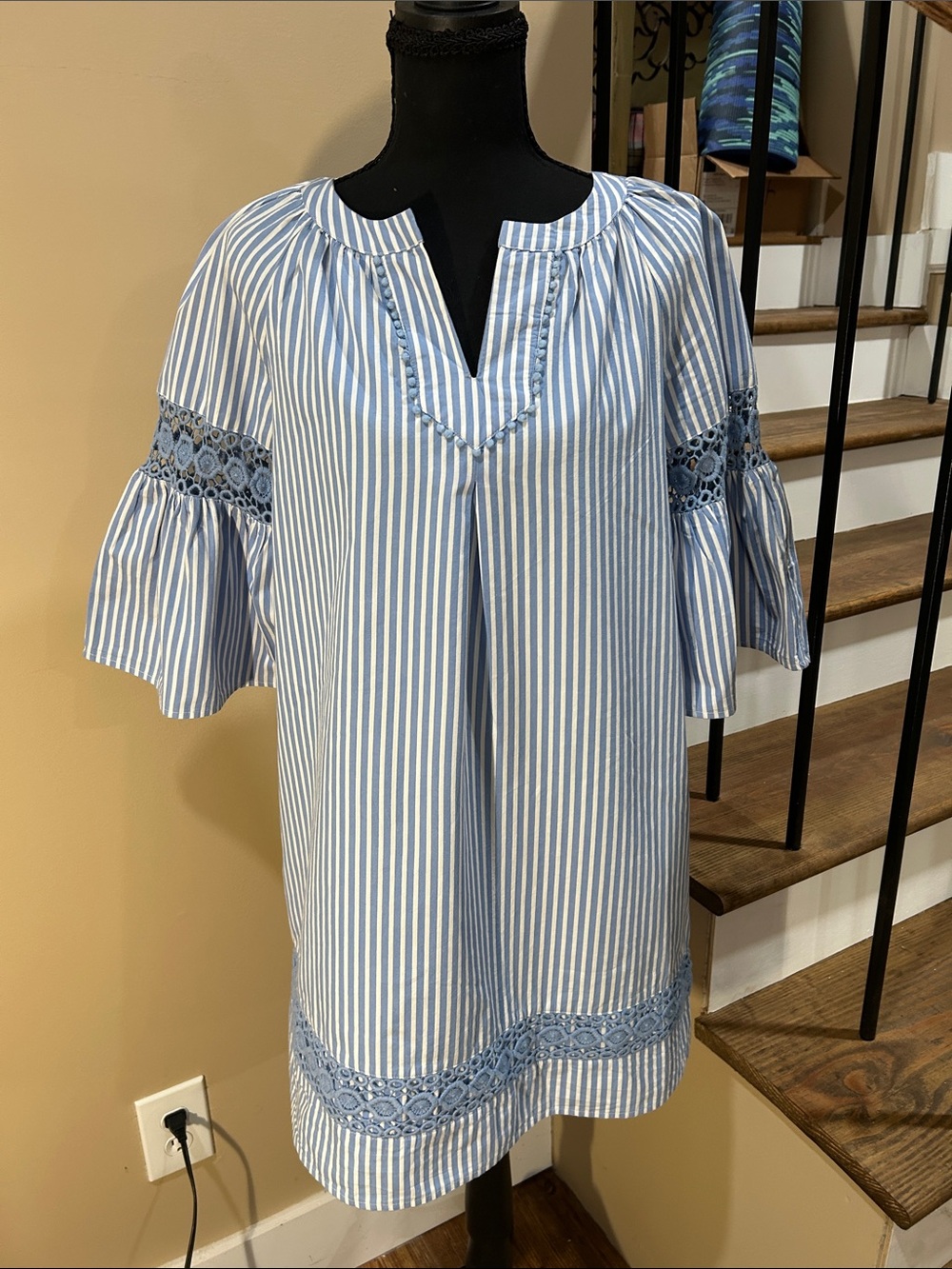 crown & ivy PS Blue and White Striped Lace-Trim Cotton Dress
